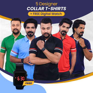 5 Designer Collar T-Shirts + FREE Digital Watch (5PTW5)