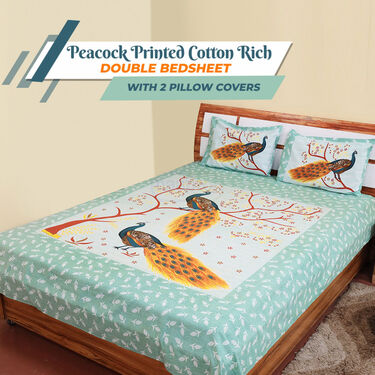 Peacock Printed Cotton Rich Double Bedsheet With 2 Pillow Covers (DBS12)