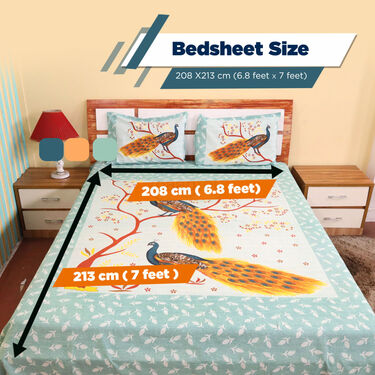 Peacock Printed Cotton Rich Double Bedsheet With 2 Pillow Covers (DBS12)