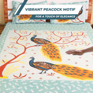 Peacock Printed Cotton Rich Double Bedsheet With 2 Pillow Covers (DBS12)