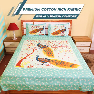Peacock Printed Cotton Rich Double Bedsheet With 2 Pillow Covers (DBS12)