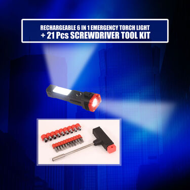 Rechargeable 6 in 1 Emergency Torch Light + 21 pcs Screwdriver Tool Kit (L39)