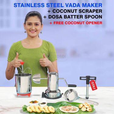 Stainless Steel Vada Maker + Coconut Scrapper + Dosa Batter Spreader + Free Coconut Opener (VMCS2)